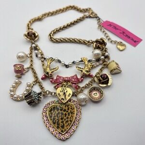 Betsey Johnson Necklace Layered Leopard Lucite Heart CupCake Birds Flowers 16"